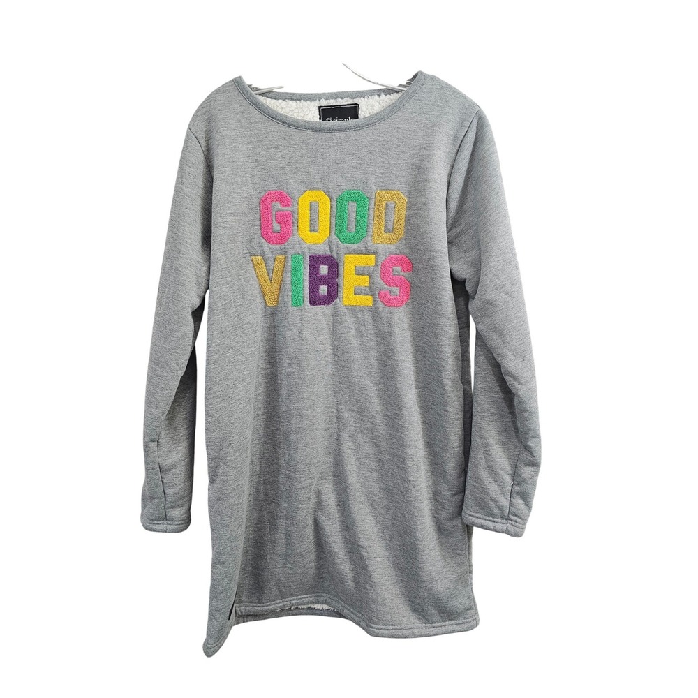 Simply Southern Good Vibes Sherpa Lined Fleece Tunic Sweatshirt Dress Gray Women